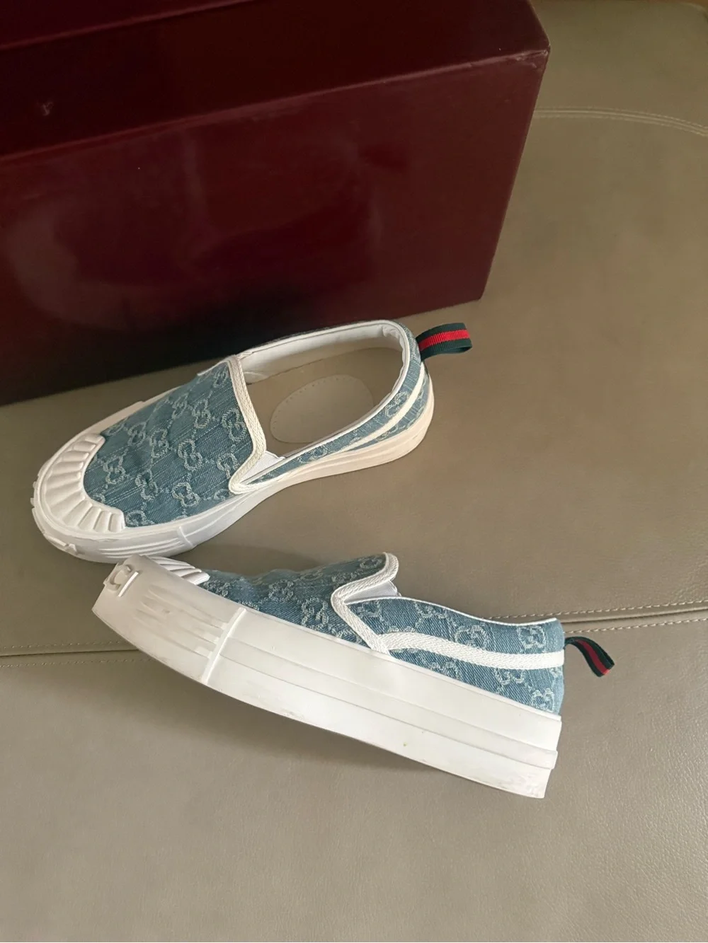Women's Denim Monogram Slip-On Sneakers in Light Blue and White
